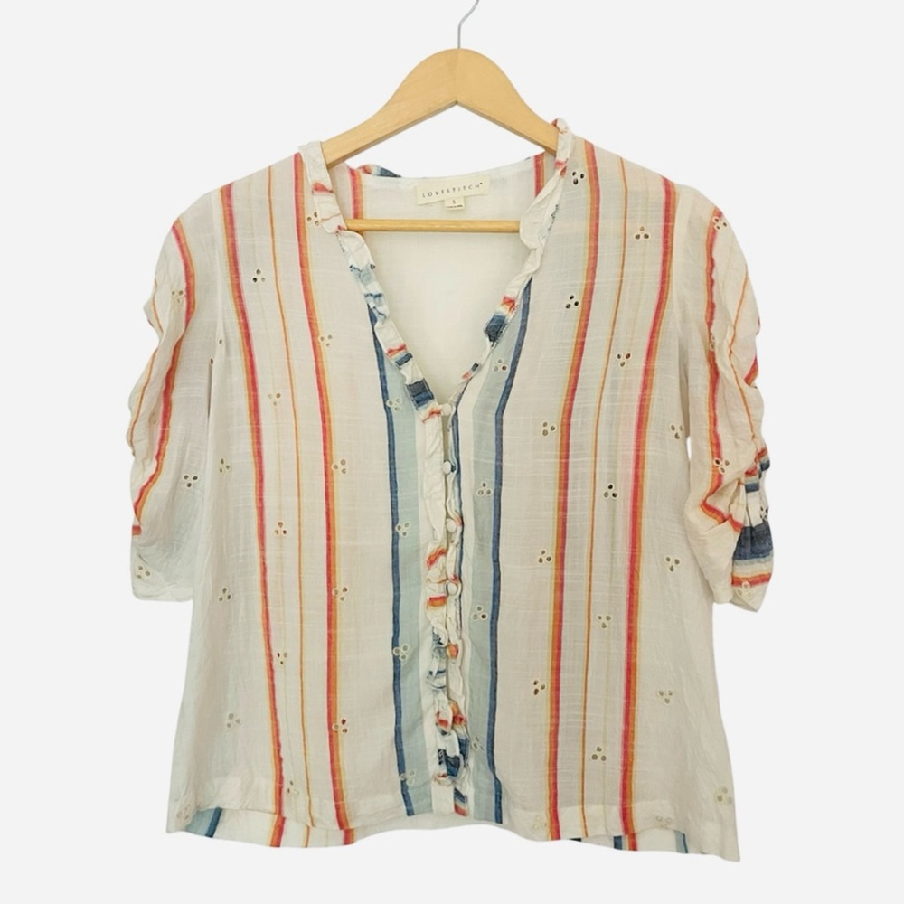 Love Stitch Women's Ruffled Striped Blouse Cream, Red, Blue